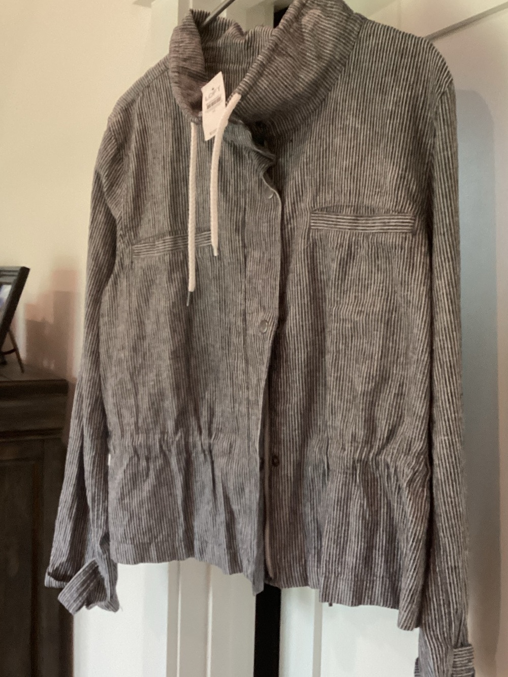 LOFT Gray Striped Drawstring Collar Utility Jacket